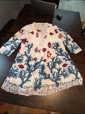 Soft Surroundings Swim Cover-Up, Blue Coral and Red Fish Print, Women's XL